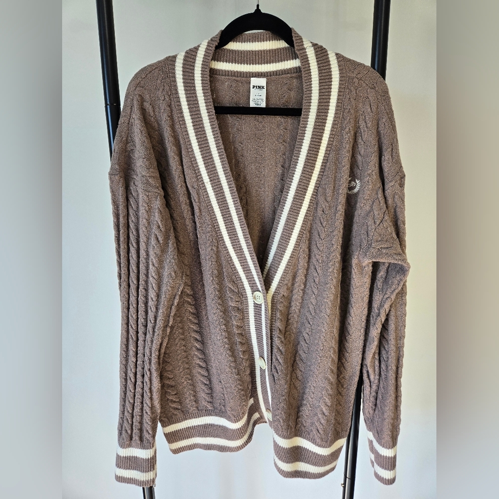Victoria's Secret PINK collegiate cable knit cardigan sweater LARGE light brown
